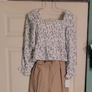 Floral Smocked Blouse - White and Blue